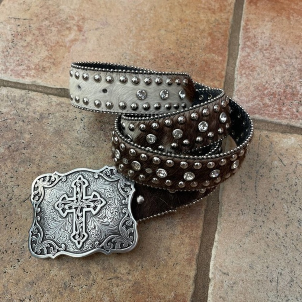 NOCONO COW FUR SILVER CROSS BUCKLE BELT WESTERN SIZE L